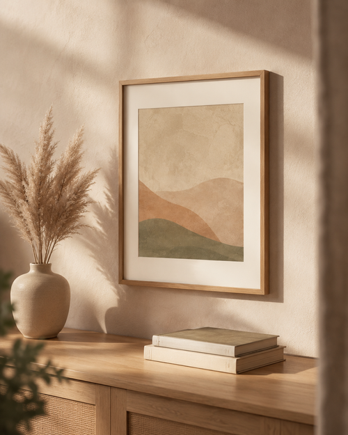Clay Horizon fine-art print framed on a warm plaster wall above a wood console