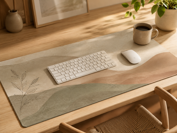 Terracotta Dune desk mat styled on a warm wooden desk with keyboard, mouse and coffee