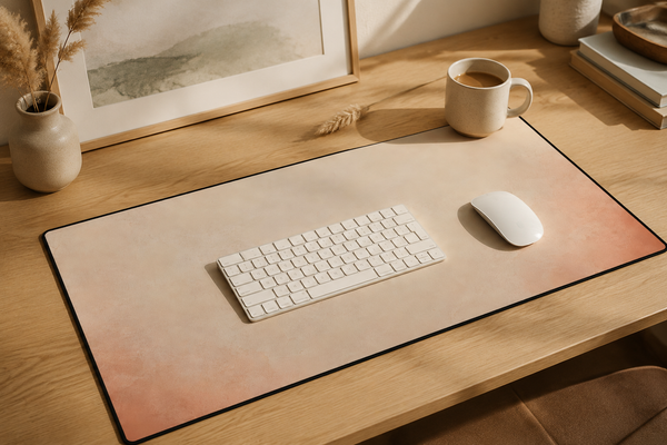 Oat desk mat in use on a warm oak desk with keyboard and mouse