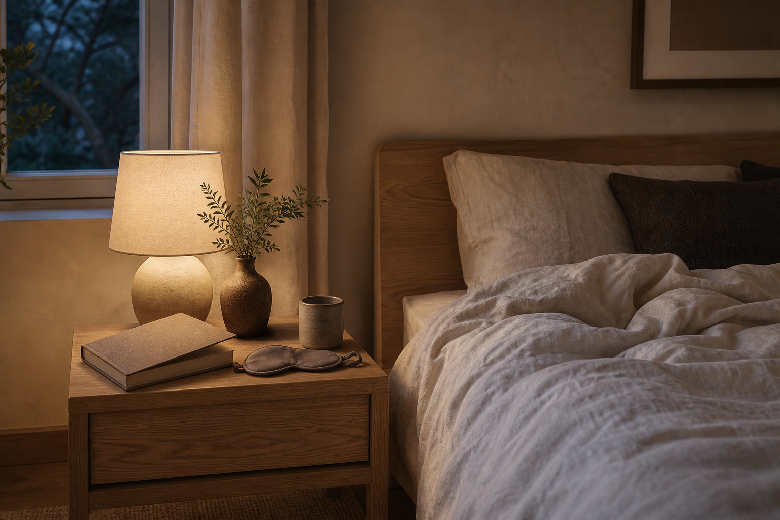 Warm bedside scene with linen bedding, a book, cup, and fabric eye mask