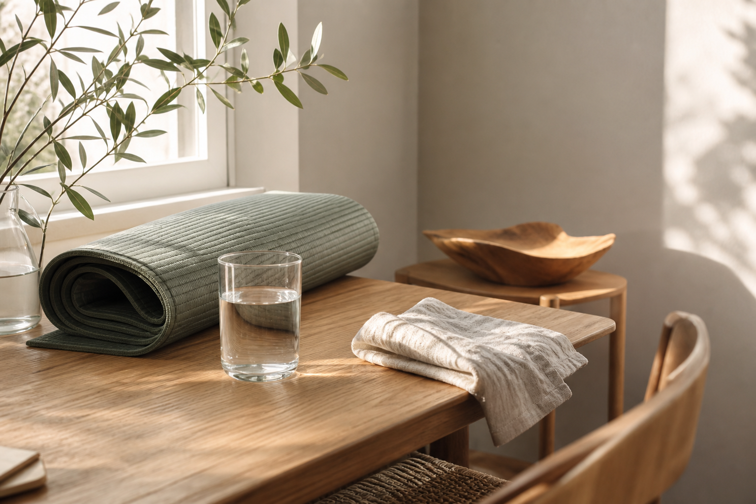 Sunlit home routine with a folded exercise mat, water, and linen towel